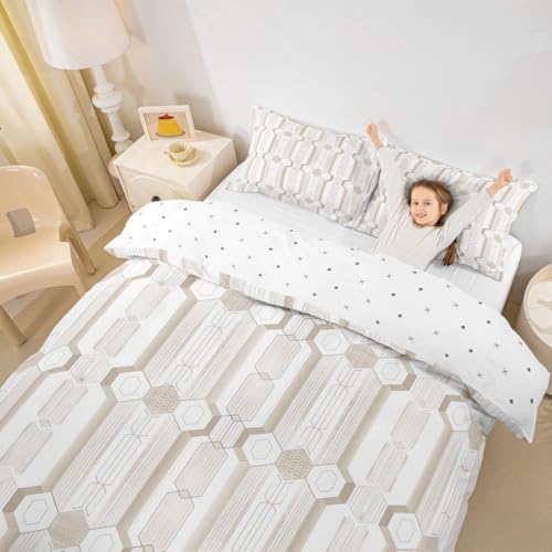 jejeloiu Geometric Duvet Cover King Size Boys Girls Beige Striped