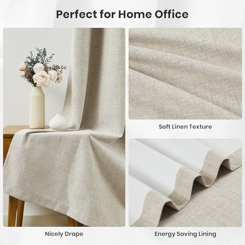 Melodieux 100% Blackout Beige Linen Curtains 108 Inches Long for