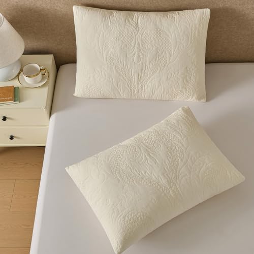 Quilted Pillow Shams Damask Ivory King Set of 2 Embroidered Cotton