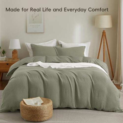 PHF 100% Cotton Muslin Duvet Cover Queen Size 3-Layer, 90"x90", Dusty