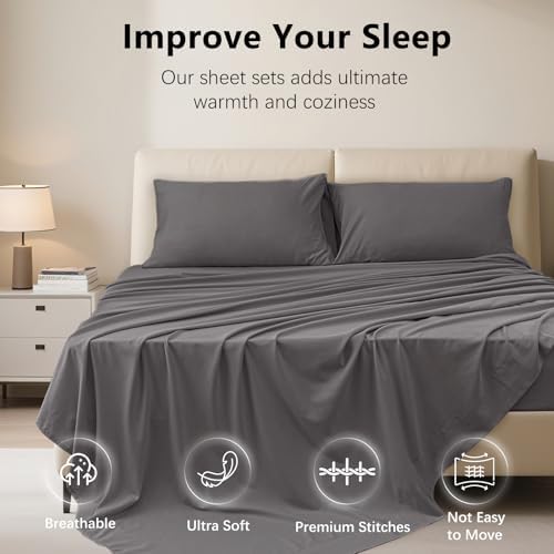 4-Pcs Dark Grey King Bed Sheet Set 100% Cotton 16" Deep Pocket