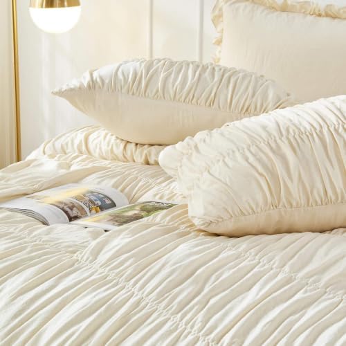 3 Piece Ruched Duvet Cover Set, Soft Microfiber Boho Textured Bedding