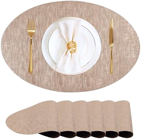 CAMAL Faux Leather Placemats Set of 6, Metallic Gloss Oval Placemats