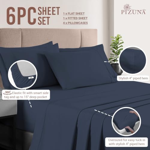 Pizuna Cotton Sheets Set Queen with 4 Pillow Cases 400 TC Dark Blue