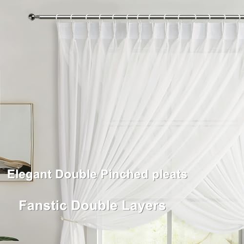 Double Layers Pinch Pleated Cream Sheer Curtains 63 Inches Long Drapes