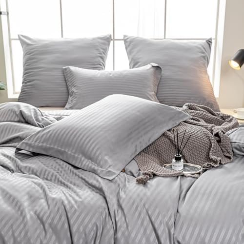 Hotel Duvet Cover King Size Grey Satin Pin Striped 3 Piece Set