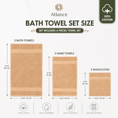 100% Cotton 6 Piece Towel Set for Bathroom - Beige