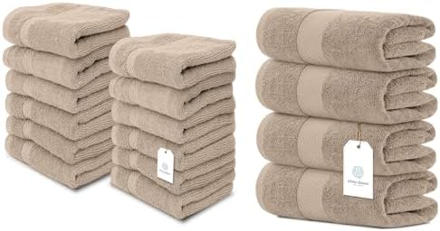 White Classic 12 Luxury Taupe Washcloths 13 x 13 and 4 Luxury Taupe