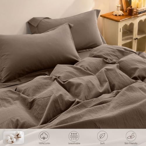 Duvet Cover Set Washed Cotton Embroidered Hem Queen 3‐Pcs