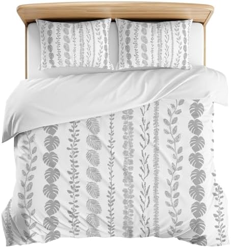 3 Pieces Bedding Set King Size, Grey Botanical Soft Duvet Covers Set