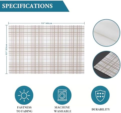 Buffalo Plaid Placemats Set of 4, Cotton Linen Fabric Place Mats, Sand