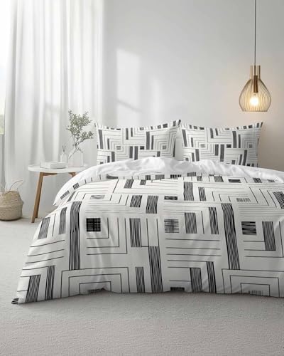 Duvet Cover Set Queen, Gray White Geometric Blocks 3 Piece Bedding Set