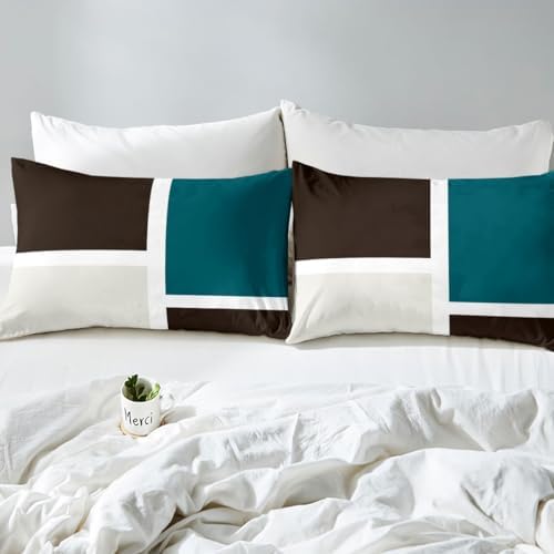 Erosebridal Teal Beige Brown Duvet Cover King Minimalist Abstract
