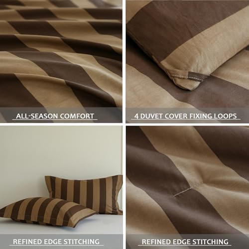 Comforter Set Queen Size - 100% Natural Cotton Brown and Beige Striped