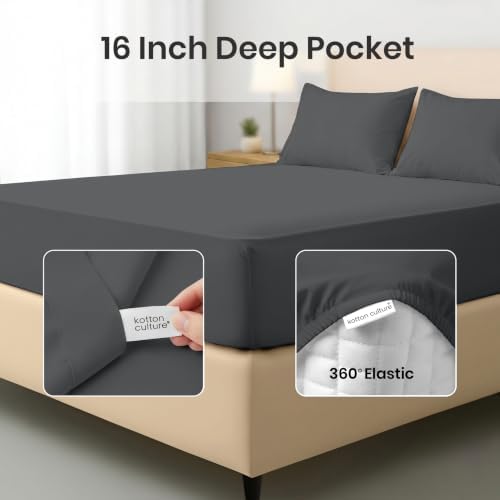 Kotton Culture 3 Pc King Size Fitted Sheet Dark Grey with 2 Pillow