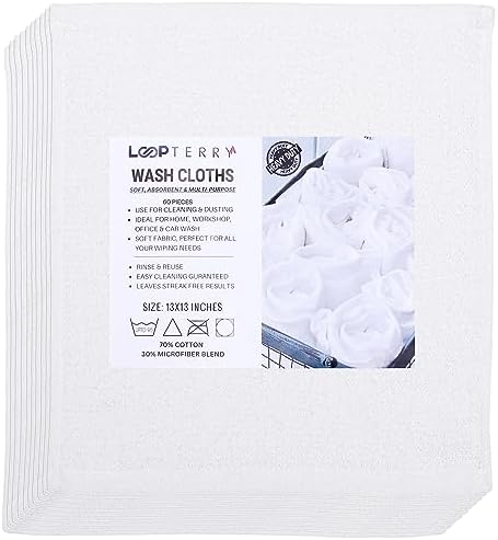 Looperry 13 x 13 Inches Bar Mop Towels White Terry Cloth Dish Rags