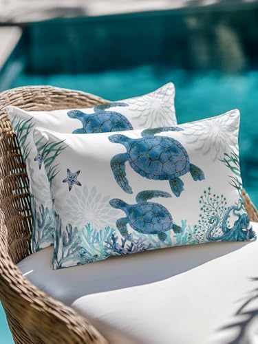 Throw Pillows 12x20 Set of 2, Ocean Blue Turtles Waterproof Outdoor