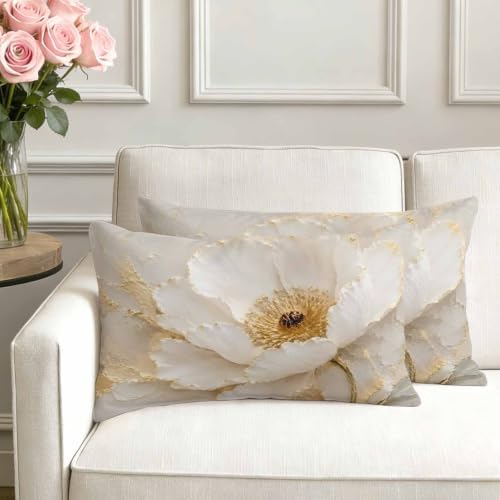 Cream Gold Flowers Lumbar Pillow Covers 12 x 20 Inch Pillow Covers Set