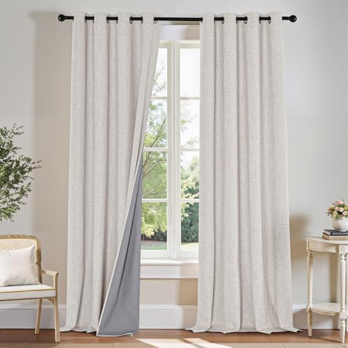 PONY DANCE Cream 100% Blackout Linen Curtains for Bedroom 84 Inches