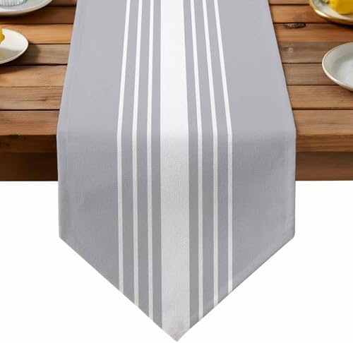 Light Grey Striped Table Runner Linen Burlap Table Runner 72 Inches