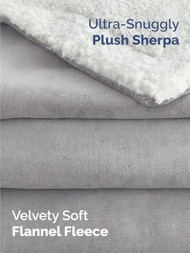 Sherpa Fleece Blanket Queen Size - Reversible Blanket - Grey, 90" x