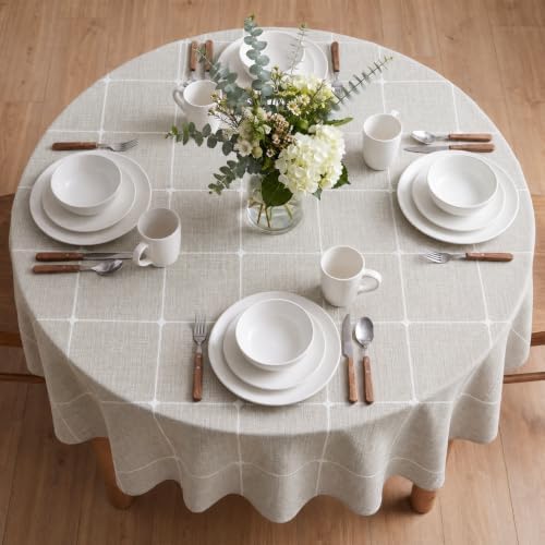 Horaldaily Farmhouse Plaid Tablecloth, Light Coffee, 70×70 Inch Round