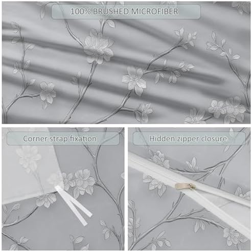 Light Gray Duvet Cover King - Ink Painting Flowers Plants Vines