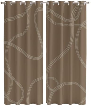 Taupe Line Art Window Curtains Panels with Silver Grommet, Modern