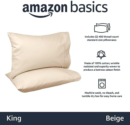 Amazon Basics 400 Thread Count Pure 100% Cotton Pillowcases, Soft
