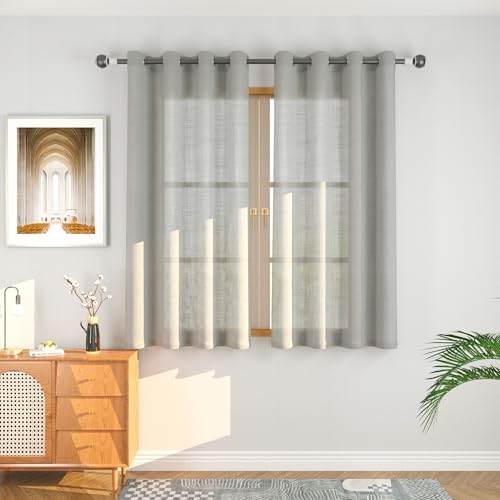 UPOPO Grey Sheer Curtains 63 inches Linen Texured Farmhouse Living