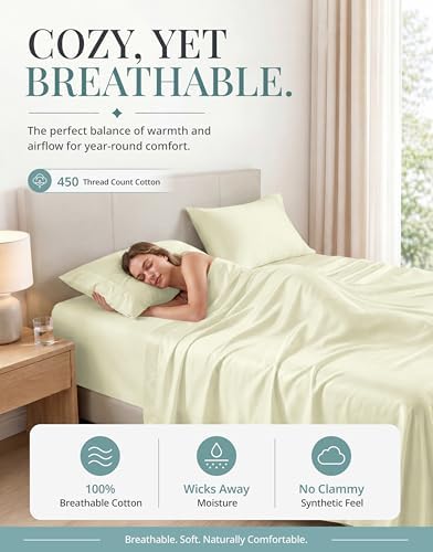 LANE LINEN 450TC Cotton Twin Sheets - Silky Smooth Sateen Weave, Ivory