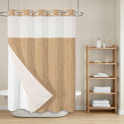Beige Linen Texture Shower Curtains Set Rustic Solid Color Backdrop No
