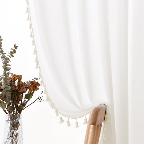 Natural Ivory Boho Linen Curtains 63 Inches Long for Bedroom 2 Panels