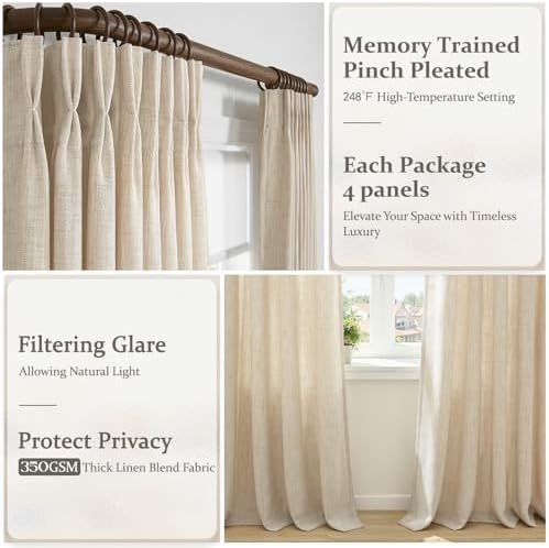 Extra Long 108 Inch Pinch Pleated Natural Living Room Curtains 4
