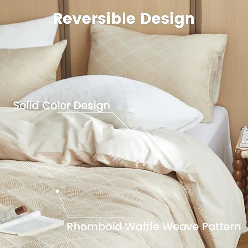 BISELINA 100% Cotton Waffle Weave Duvet Cover Set Queen Size 3 Pieces