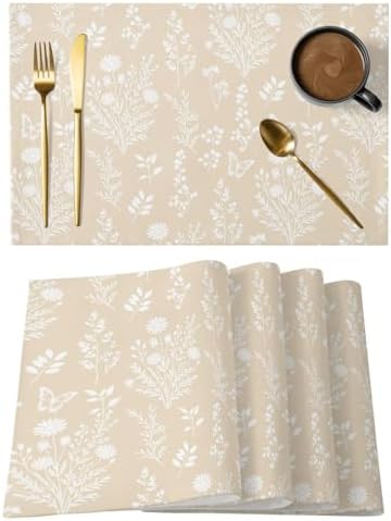 Placemats Set of 8, Cream Botanical Woven Placemat, Linen Place Mats