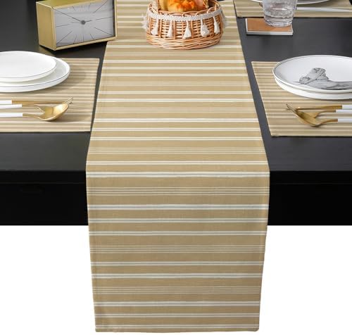 Brown Beige Striped Table Runner and Placemats for Dining Table,Burlap