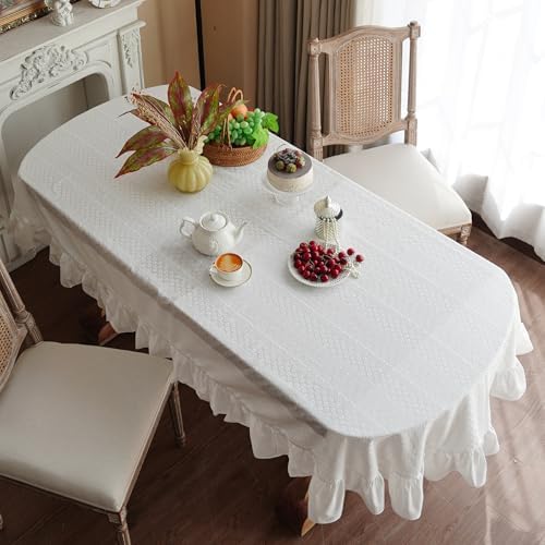 Oval Cotton Tablecloth Ruffled Lace Farmhouse, White 60" x 104"