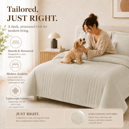 CozyLux Queen Comforter Set Beige - 7 Pieces Vertical Quilted Bed in a