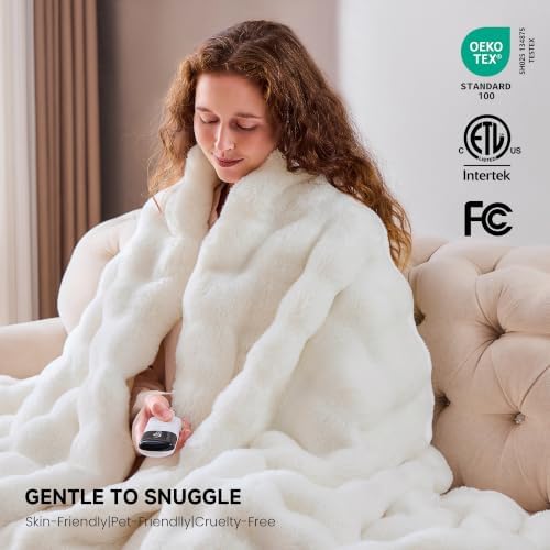 Faux Fur Cozy Heated Blanket King Size,Cream,90"x100"