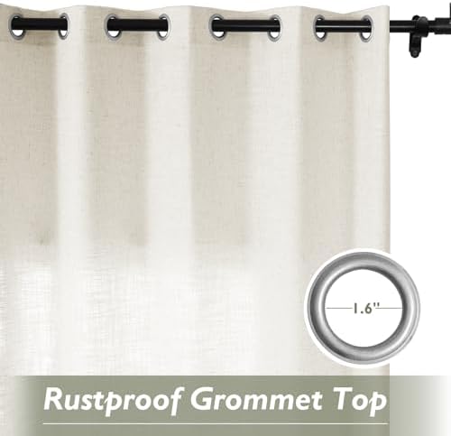 Fcosie Ivory White Natural Linen Extra Long Curtain with Grommets Top