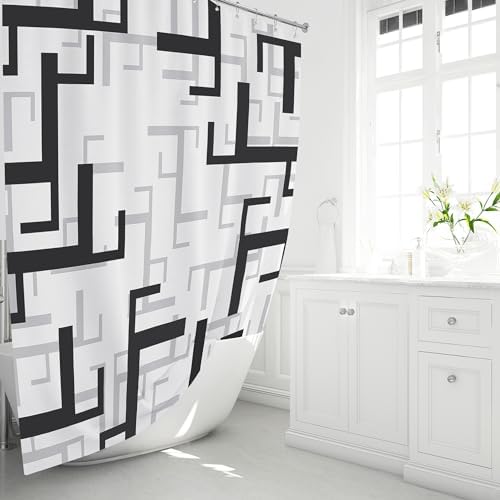 BTTN 72x84 Extra Long Fabric Geometric Shower Curtain Set, Black and