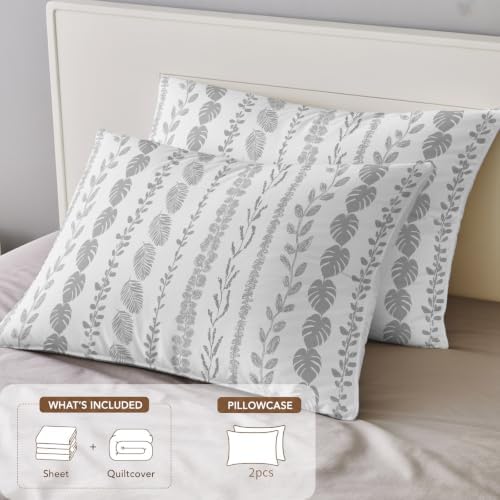 Grey Leaf Striped King 4 Piece Duvet Cover Set, Summer Botanical