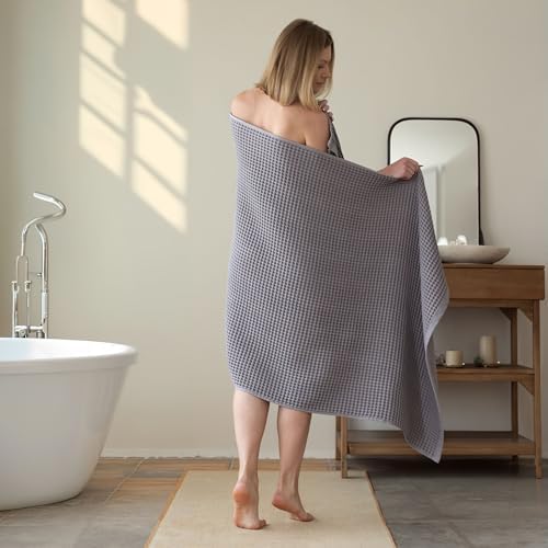 Turkish Cotton Waffle Bath Towels Set of 2, Gray, 35x71