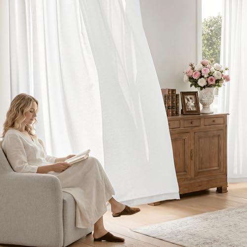 Beauoop White Semi Sheer Curtains for Living Room 52x96 2 Panels