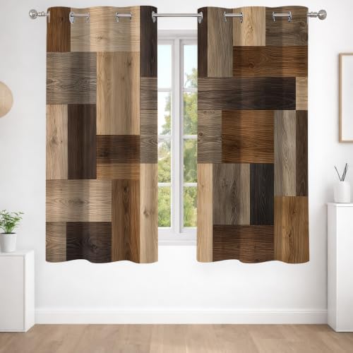 Rustic Brown Wood Patchwork Window Curtains, 2 Panel 42x63 inch