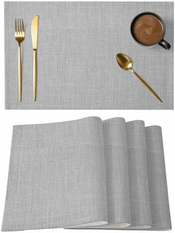 Grey Burlap Texture Placemats Set of 8, Cotton Linen Fabric Place
