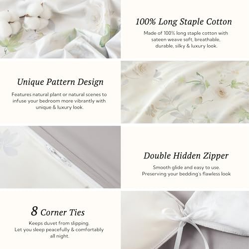 MILDLY Beige Floral Duvet Cover Set 3pcs Elegant for All Season Full