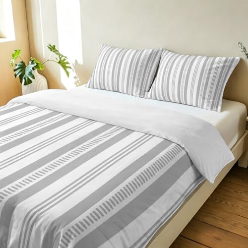 3 Pieces Bedding Set King Size, Grey Striped Soft Duvet Covers Set
