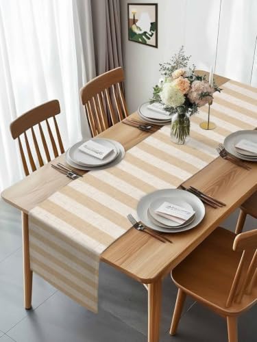 Beige Stripe Burlap Table Runner 90 Inches Long, Rustic Linen Texture